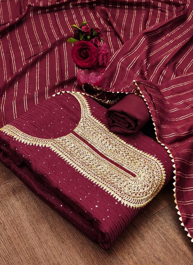 Chanderi Maroon Festival Wear Crosset Work Dress Material